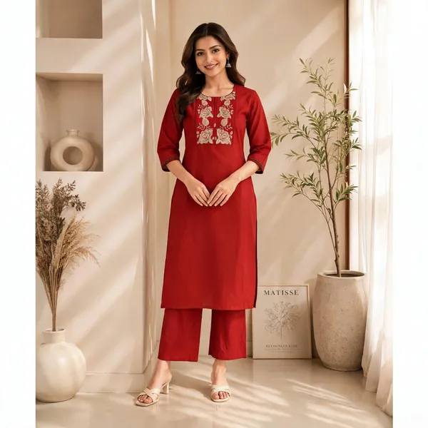 Red_Cotton_Embroidered_Kurti_With_Pant_Set_For_Women