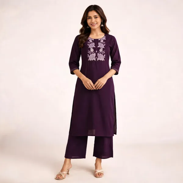 Wine_Cotton_Embroidered_Kurti_With_Pant_Set_For_Women
