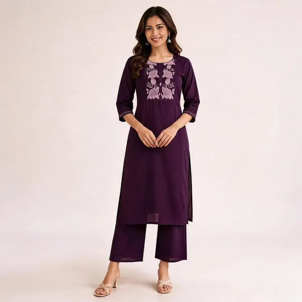 Wine_Cotton_Embroidered_Kurti_With_Pant_Set_For_Women
