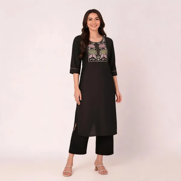 Black_Flex_Cotton_Embroidered_Kurti_With_Pant_Set_For_Women