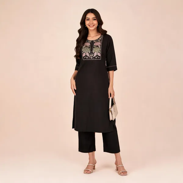 Black_Flex_Cotton_Embroidered_Kurti_With_Pant_Set_For_Women