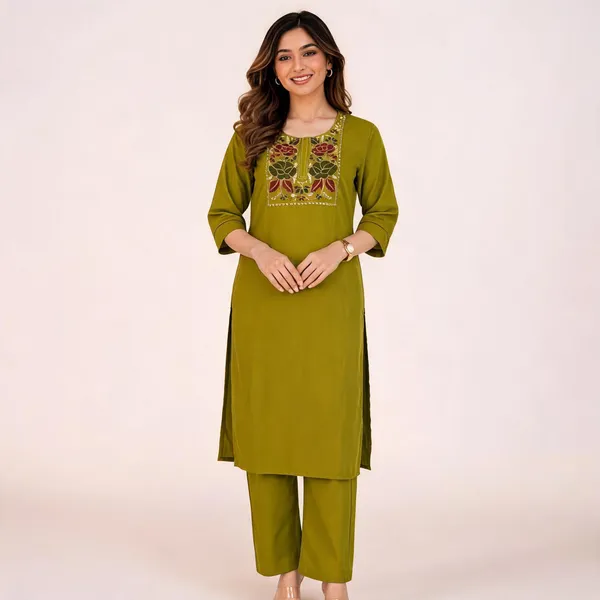 Green_Flex_Cotton_Embroidered_Kurti_With_Pant_Set_For_Women