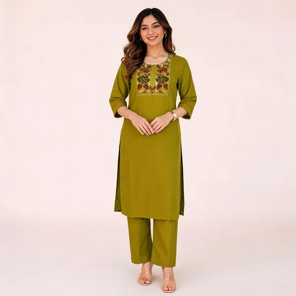 Green_Flex_Cotton_Embroidered_Kurti_With_Pant_Set_For_Women