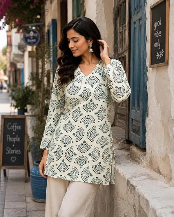 Green_Cotton_Floral_Print_V_Neck_Short_Kurti_For_Women