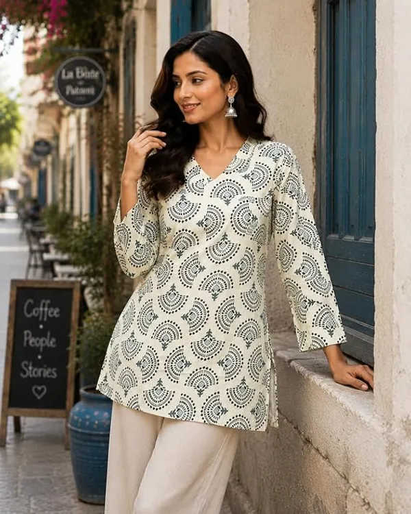 Green_Cotton_Floral_Print_V_Neck_Short_Kurti_For_Women