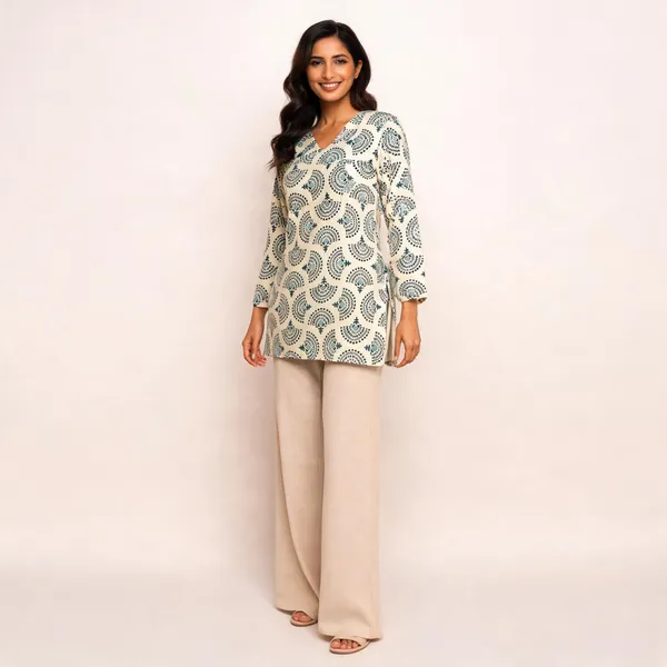 Green_Cotton_Floral_Print_V_Neck_Short_Kurti_For_Women