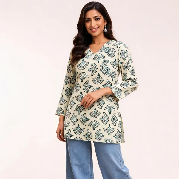 Green_Cotton_Floral_Print_V_Neck_Short_Kurti_For_Women