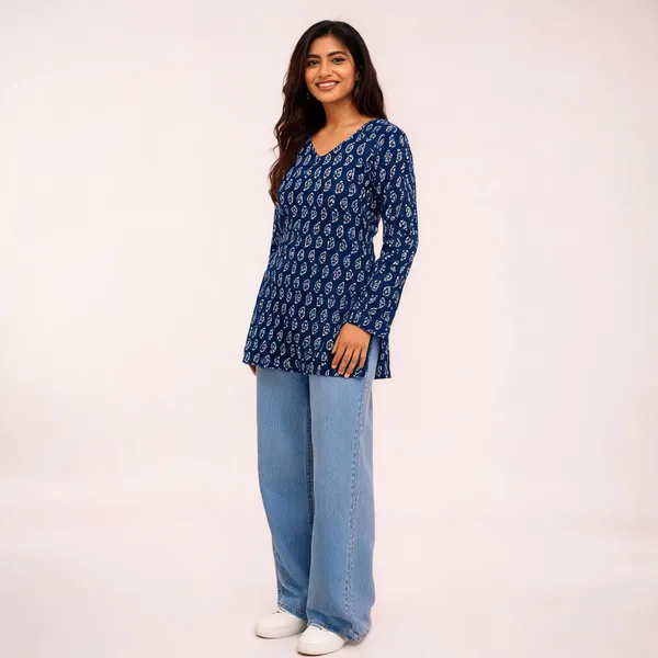 Blue_Cotton_Floral_Print_V_Neck_Short_Kurti_For_Women
