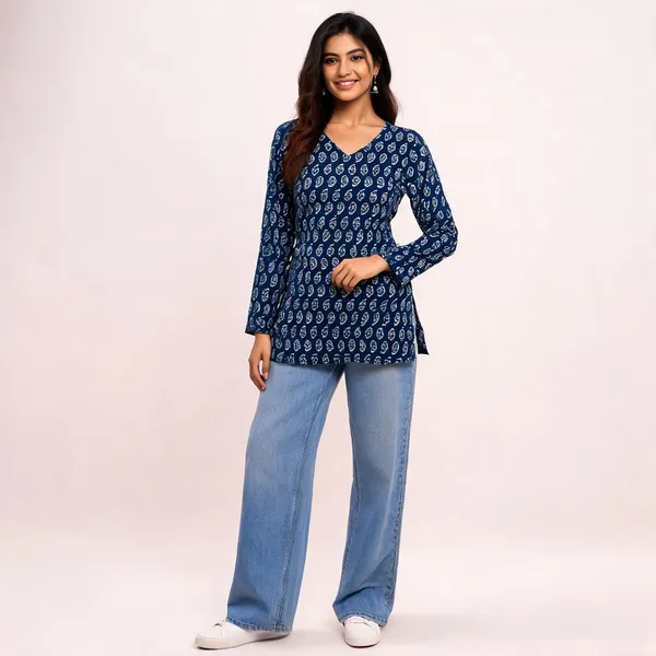 Blue_Cotton_Floral_Print_V_Neck_Short_Kurti_For_Women