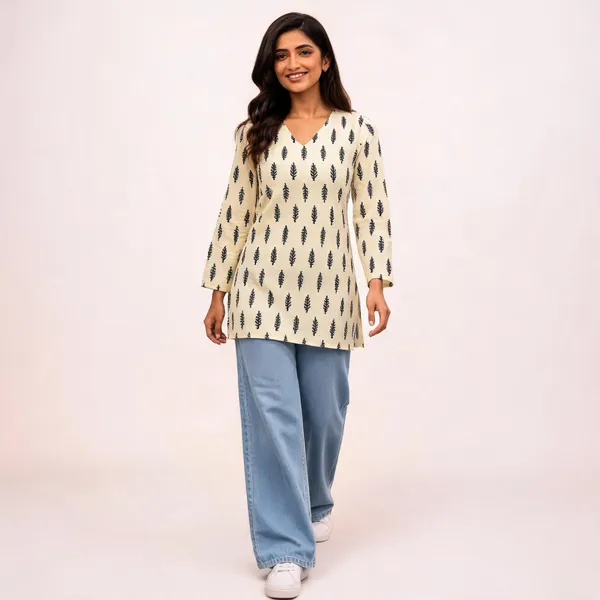 White_Cotton_Floral_Print_V_Neck_Short_Kurti_For_Women