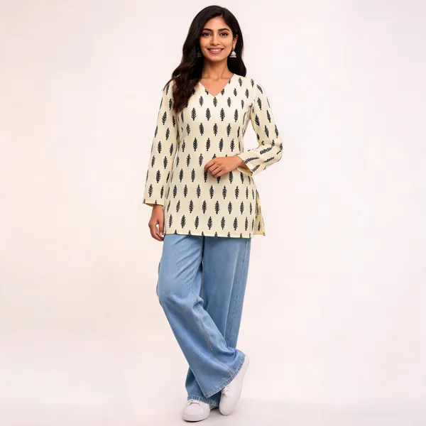 White_Cotton_Floral_Print_V_Neck_Short_Kurti_For_Women