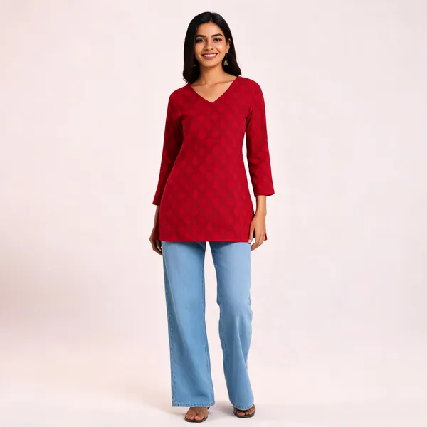 Red_Cotton_Floral_Print_V_Neck_Short_Kurti_For_Women