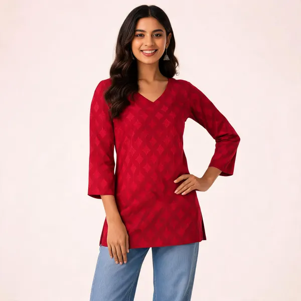 Red_Cotton_Floral_Print_V_Neck_Short_Kurti_For_Women