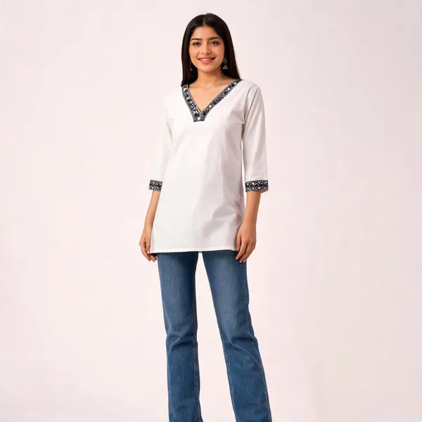 White_Cotton_Embroidered_V_Neck_Short_Kurti_For_Women