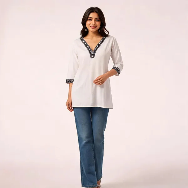 White_Cotton_Embroidered_V_Neck_Short_Kurti_For_Women