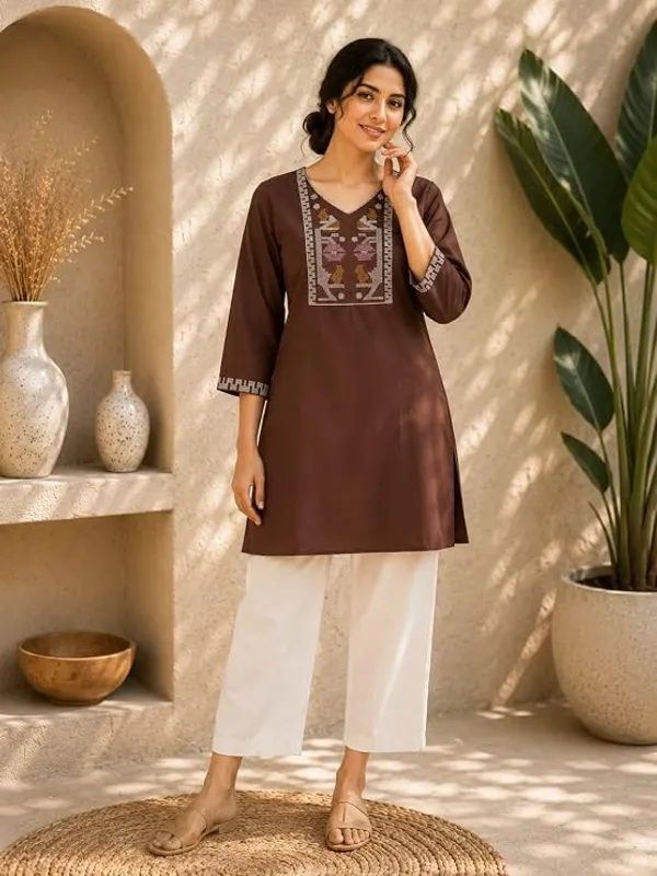 Brown_Flex_Cotton_Embroidered_Kurti_With_Pant_For_Women