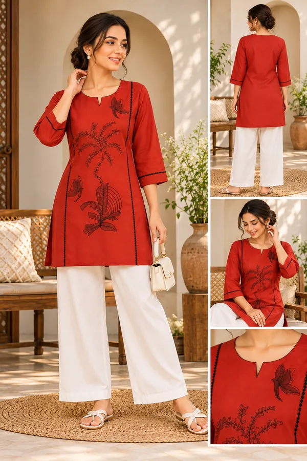 Red_Flex_Cotton_Embroidered_Kurti_With_Pant_For_Women