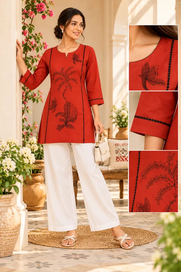 Red_Flex_Cotton_Embroidered_Kurti_With_Pant_For_Women