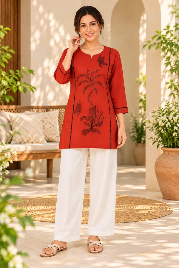 Red_Flex_Cotton_Embroidered_Kurti_With_Pant_For_Women