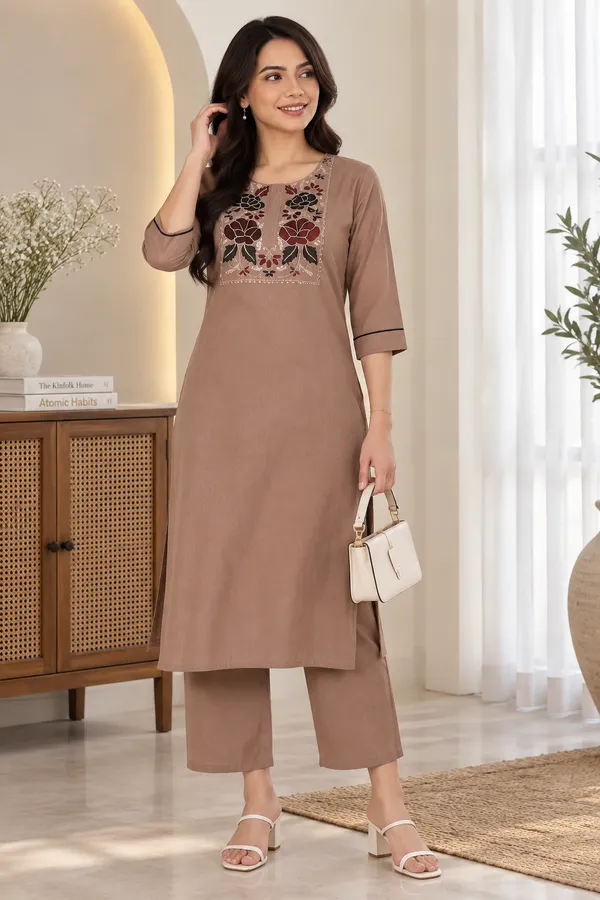 Chiku_Flex_Cotton_Embroidered_Kurti_With_Pant_Set_For_Women