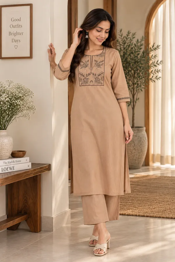 Chiku_Cotton_Embroidered_Kurti_With_Pant_Set_For_Women