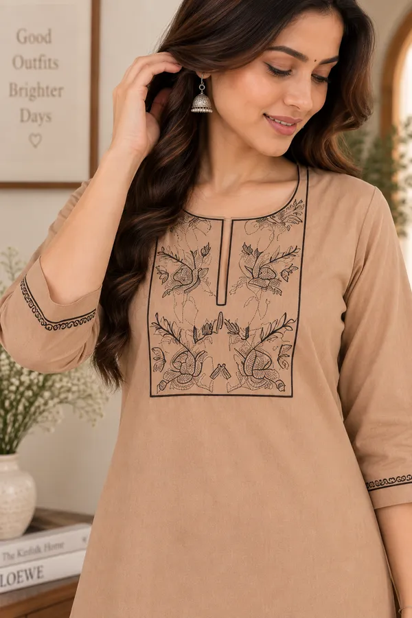 Chiku_Cotton_Embroidered_Kurti_With_Pant_Set_For_Women