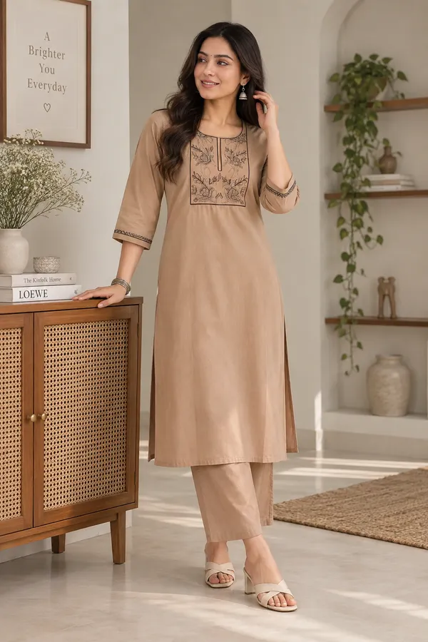 Chiku_Cotton_Embroidered_Kurti_With_Pant_Set_For_Women