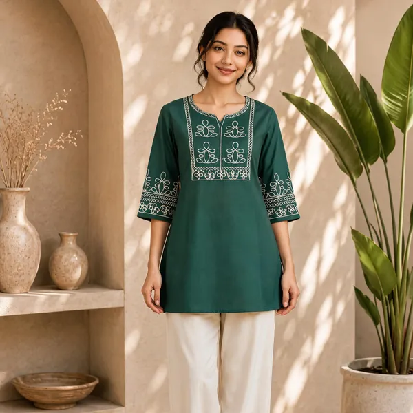 Mint_Green_Slub_Cotton_Embroidered_Kurti_With_Pant_For_Women