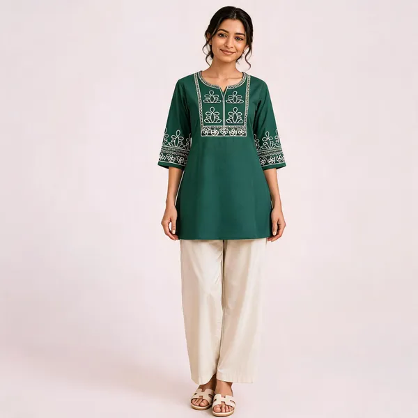 Mint_Green_Slub_Cotton_Embroidered_Kurti_With_Pant_For_Women