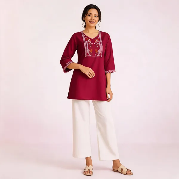 Maroon_Flex_Cotton_Embroidered_Kurti_With_Pant_For_Women