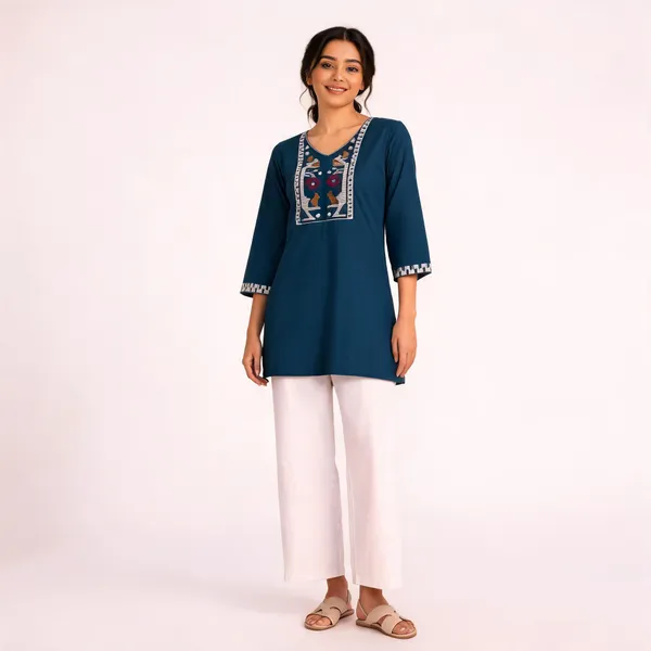 Blue_Flex_Cotton_Embroidered_Kurti_With_Pant_For_Women