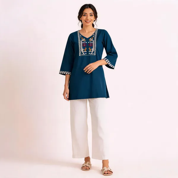 Blue_Flex_Cotton_Embroidered_Kurti_With_Pant_For_Women
