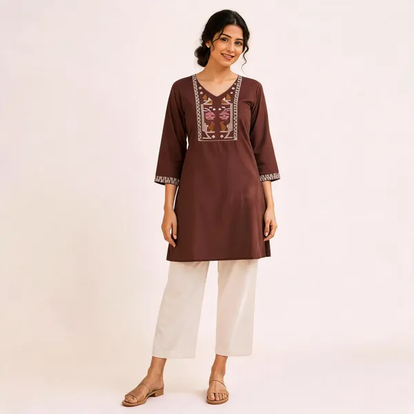 Brown_Flex_Cotton_Embroidered_Kurti_With_Pant_For_Women