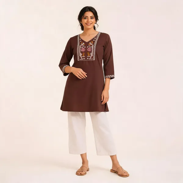 Brown_Flex_Cotton_Embroidered_Kurti_With_Pant_For_Women