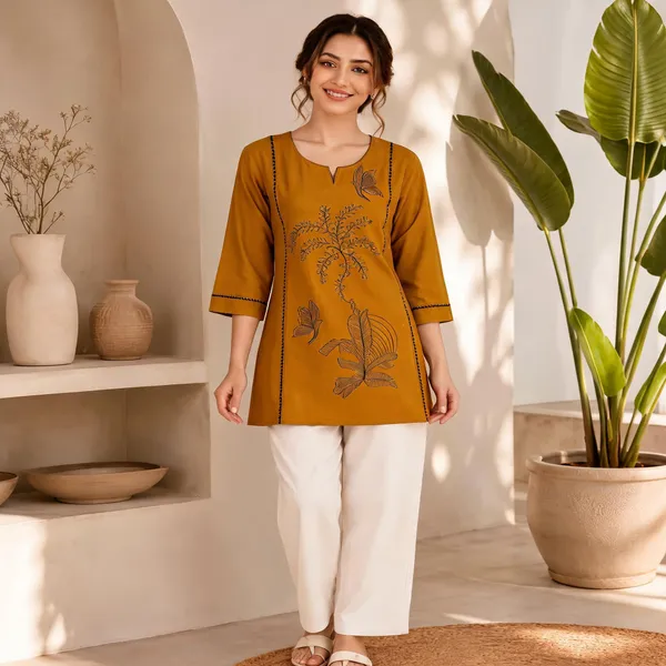Yellow_Flex_Cotton_Embroidered_Kurti_With_Pant_For_Women