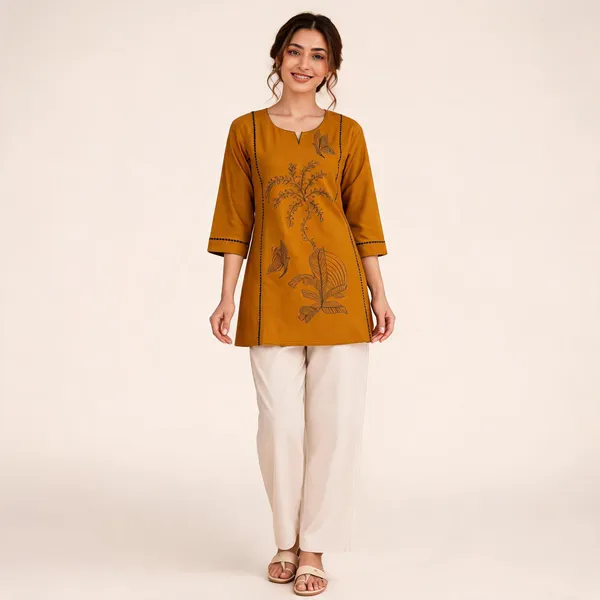 Yellow_Flex_Cotton_Embroidered_Kurti_With_Pant_For_Women