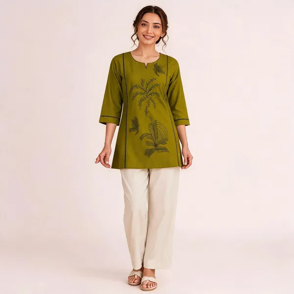 Green_Flex_Cotton_Embroidered_Kurti_With_Pant_For_Women