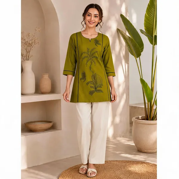 Green_Flex_Cotton_Embroidered_Kurti_With_Pant_For_Women
