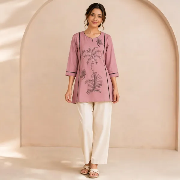 Pink_Flex_Cotton_Embroidered_Kurti_With_Pant_For_Women