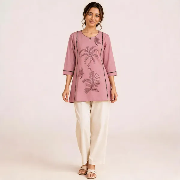 Pink_Flex_Cotton_Embroidered_Kurti_With_Pant_For_Women