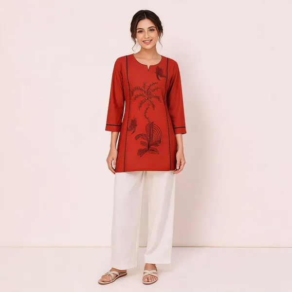 Red_Flex_Cotton_Embroidered_Kurti_With_Pant_For_Women