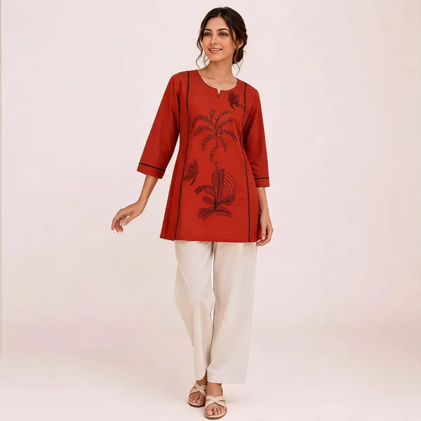 Red_Flex_Cotton_Embroidered_Kurti_With_Pant_For_Women