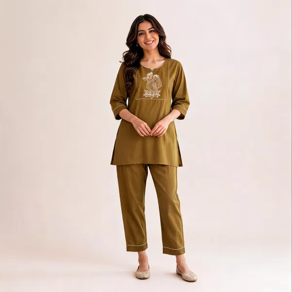 Brown_Slub_Cotton_Embroidered_Kurti_With_Pant_Set_For_Women