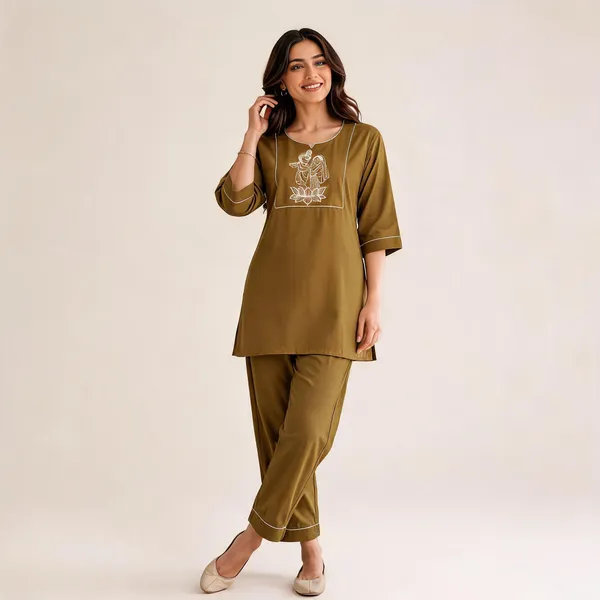 Brown_Slub_Cotton_Embroidered_Kurti_With_Pant_Set_For_Women