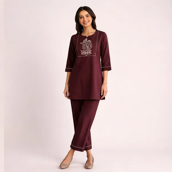 Maroon_Slub_Cotton_Embroidered_Kurti_With_Pant_Set_For_Women