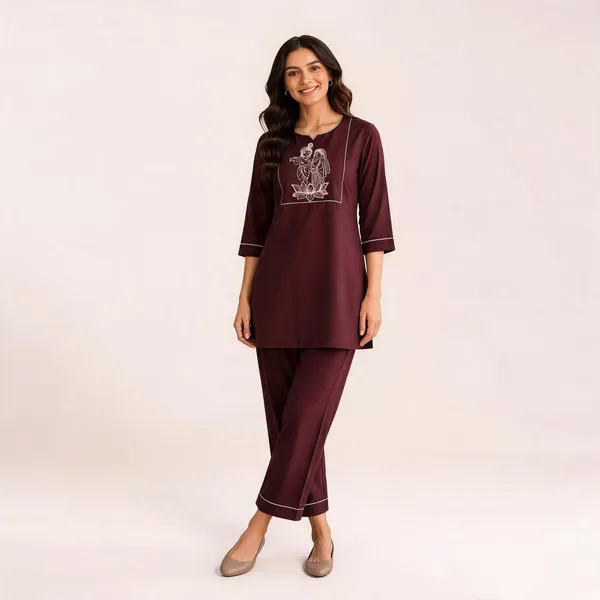 Maroon_Slub_Cotton_Embroidered_Kurti_With_Pant_Set_For_Women