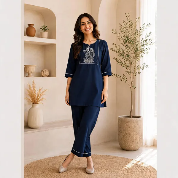 Blue_Slub_Cotton_Embroidered_Kurti_With_Pant_Set_For_Women