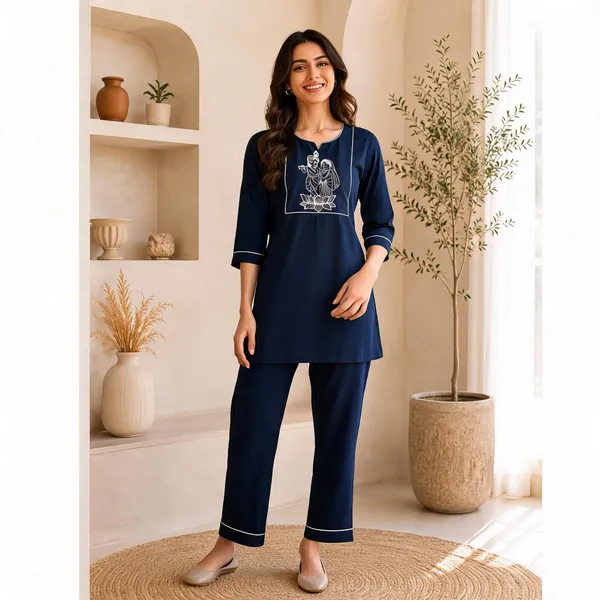 Blue_Slub_Cotton_Embroidered_Kurti_With_Pant_Set_For_Women