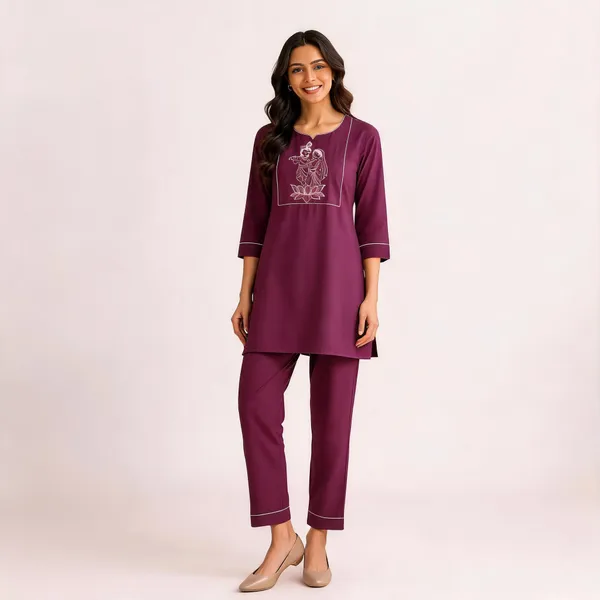 Purple_Slub_Cotton_Embroidered_Kurti_With_Pant_For_Women