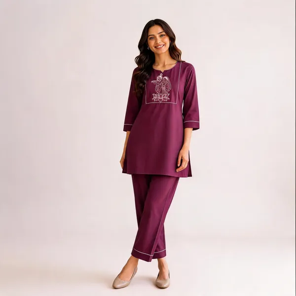 Purple_Slub_Cotton_Embroidered_Kurti_With_Pant_For_Women